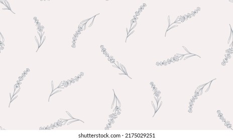 Seamless minimal, flower pattern. Original, hand-drawn background. Floral pattern ideal for fabric, packaging, baby products, wedding, wallpaper, etc. Herbal, botanical. Flower Lavandula, Lavender.