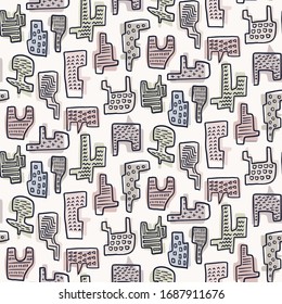 Seamless minimal geo shape pattern design. Neutral pastel color in fresh paper cut out style. Hand drawn playful texture light background. Wallpaper home decor swatch. Modern stationery all over print