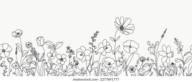 seamless minimal Hand drawn botanical flowers and leaf vector in Spring and summer collection