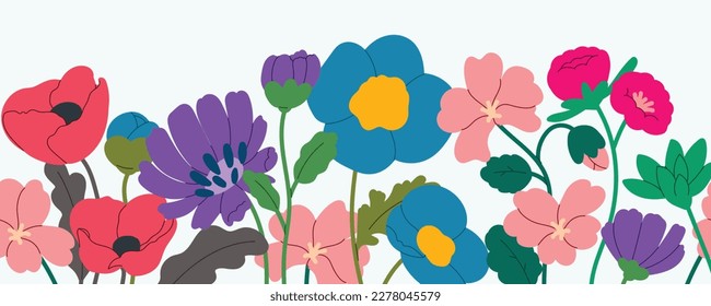 seamless minimal Hand drawn botanical flowers and leaf vector in abstract Spring and summer collection 