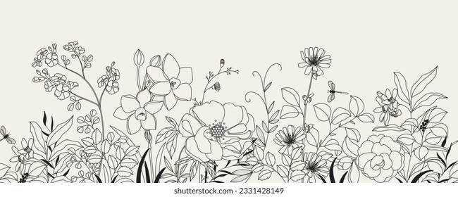 seamless minimal Hand drawn botanical flowers and leaf vector in Spring and summer collection