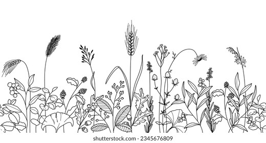 seamless minimal Hand drawn botanical flowers and leaf vector in Fall and Autumn collection