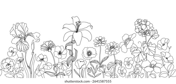 seamless minimal Hand drawn botanical flowers and leaf vector in Spring and summer collection