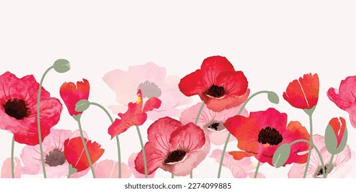 seamless minimal Hand drawn poppy flowers and leaf vector in Spring and summer collection with watercolor texture