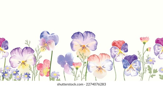 seamless minimal Hand drawn viola flowers and leaf vector in Spring and summer collection with watercolor texture