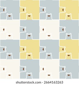 linha mínima perfeita urso padrão de repetição em azul e amarelo xadrez fundo quadriculado, vetor plano ilustração design gráfico