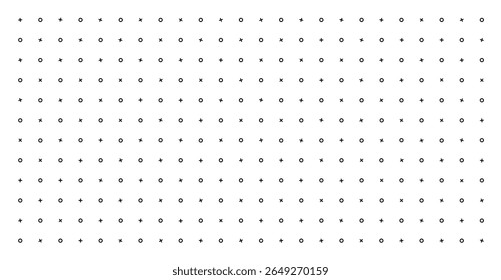 Nahtloses minimales Muster aus Kreuzen und Kreisen, die in einem Raster auf weißem, isoliertem Hintergrund angeordnet sind, perfekt für modernes Design, Web, Tapete und Branding, Vektorgrafik