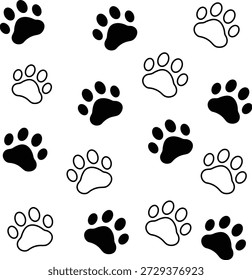 Seamless minimal paw print pattern featuring dog and cat footprints in black and outline styles. Simple repeating background design suitable for pet products, wallpapers, fabrics, packaging and animal themed projects.