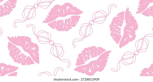 Seamless Minimal Valentine Pattern, Pink Lips and White Bows. Seamless minimalist vector pattern with pink lips and white bows on light background. Romantic repeating design perfect for textile printing, fabric and Valentine decor.