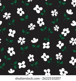 Seamless minimal white flower  pattern with green leaf accents on black background. modern elegant surface design for fabric, wrapping or digital media.