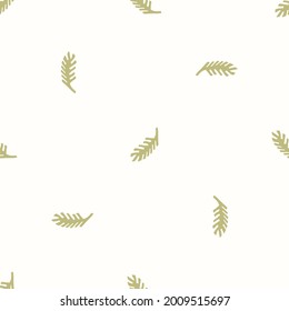 Seamless minimal winter twig holiday background. Stylized spruce branch duotone pattern. Scandi festive christmas motif background. Stylish simple modern yule foliage digital gift wrap paper.