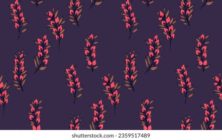 Seamless  minimalist, abstract, vector hand drawn  branches foliage with burgeon flowers. Cute branches randomly scattered over a dark blue background. Template for design, textile, fashion, print