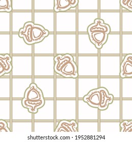 Seamless minimalist acorn blockprint pattern background. Calm pale tonal pastel color wallpaper. Simple modern scandi unisex kid design. Organic light gender neutral baby newborn nursery print. 