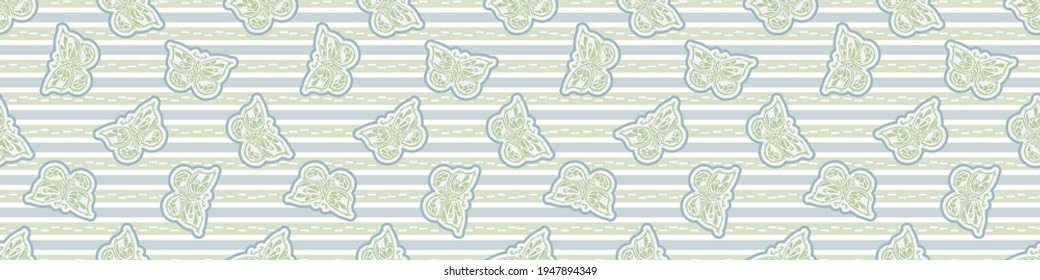 Seamless minimalist blockprint buttefly border pattern. Calm pale tonal pastel color edge trim. Simple modern scandi unisex kid design. Organic light gender neutral baby newborn nursery print banner. 