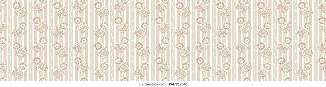 Seamless minimalist blockprint buttefly border pattern. Calm pale tonal pastel color edge trim. Simple modern scandi unisex kid design. Organic light gender neutral baby newborn nursery print banner. 