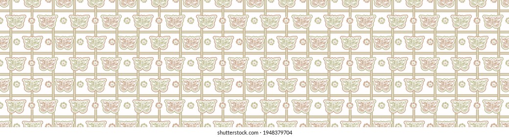Seamless minimalist blockprint buttefly border pattern. Calm pale tonal pastel color edge trim. Simple modern scandi unisex kid design. Organic light gender neutral baby newborn nursery print banner. 