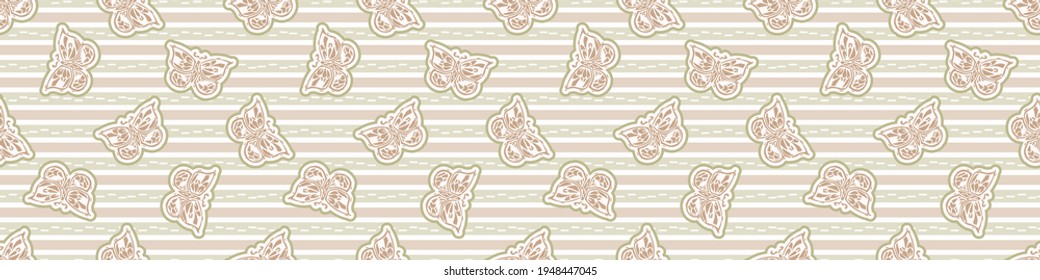 Seamless minimalist blockprint buttefly border pattern. Calm pale tonal pastel color edge trim. Simple modern scandi unisex kid design. Organic light gender neutral baby newborn nursery print banner. 