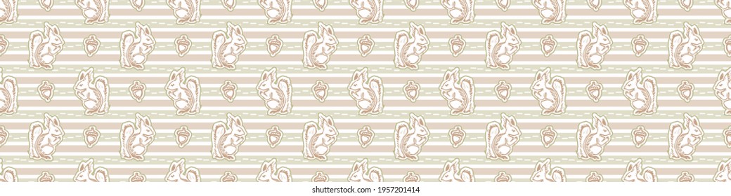 Seamless minimalist blockprint squirrel border pattern. Calm tonal pastel color edge trim. Simple modern scandi unisex kid design. Organic light gender neutral baby newborn nursery print banner. 