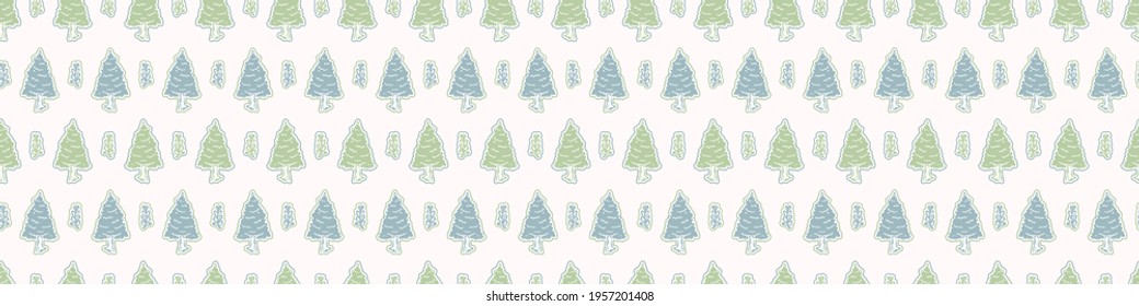 Seamless minimalist blockprint tree border pattern. Calm tonal pastel color edge trim. Simple modern scandi unisex kid design. Organic light gender neutral baby newborn nursery print banner. 