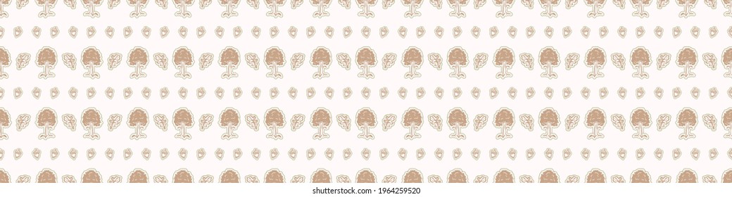 Seamless minimalist blockprint tree border pattern. Calm tonal pastel color edge trim. Simple modern scandi unisex kid design. Organic light gender neutral baby newborn nursery print banner. 