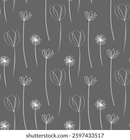 Seamless minimalist boho pattern, white outline pattern on gray background, botanical design, vector texture for textiles and print, simple flower outlines