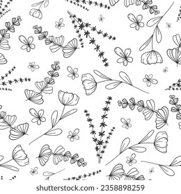 Nahtlose minimalistische botanische Muster im Doodle-Stil. Schwarz-Weiß-Vektorgrafik, stilvolle Linearpflanzen für Flyer, Einladungen und Drucke.