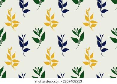 Seamless minimalist botanical pattern with scattered leafy branches in mustard, green and navy on a cream background. Fresh modern design for fabric, wallpaper and packaging
