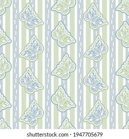 Seamless minimalist butterfly blockprint pattern background. Calm pale tonal pastel color wallpaper. Simple modern scandi unisex kid design. Organic light gender neutral baby newborn nursery.