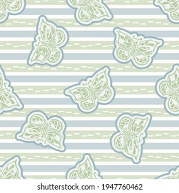 Seamless minimalist butterfly blockprint pattern background. Calm pale tonal pastel color wallpaper. Simple modern scandi unisex kid design. Organic light gender neutral baby newborn nursery.
