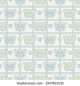 Seamless minimalist butterfly blockprint pattern background. Calm pale tonal pastel color wallpaper. Simple modern scandi unisex kid design. Organic light gender neutral baby newborn nursery.