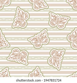 Fondo del patrón de bloqueo de mariposa minimalista sin inconvenientes. Papel pintado de tonos pastel pálidos y cálidos. Diseño simple y moderno de un niño escandi unisex. Lámpara orgánica de género neutro bebé recién nacido.