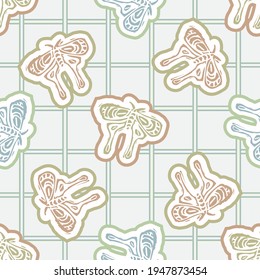 Seamless minimalist butterfly blockprint pattern background. Calm pale tonal pastel color wallpaper. Simple modern scandi unisex kid design. Organic light gender neutral baby newborn nursery.