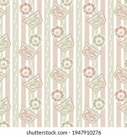 Seamless minimalist butterfly blockprint pattern background. Calm pale tonal pastel color wallpaper. Simple modern scandi unisex kid design. Organic light gender neutral baby newborn nursery.