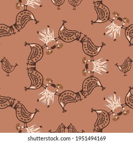 Seamless minimalist doodle bird pattern background. Calm two tone color wallpaper. Simple modern scandi unisex baby design. Organic childish gender neutral baby all over print. Hand drawn floral.