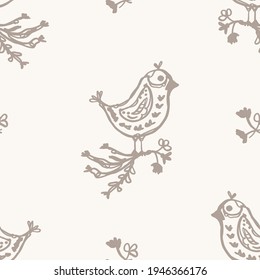 Seamless minimalist doodle floral bird pattern background. Calm boho earthy tone color wallpaper. Simple modern natural unisex design. Organic childish gender neutral baby all over print. Hand drawn.