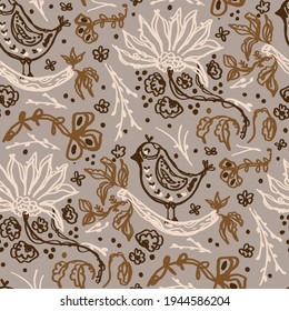 Seamless minimalist doodle floral pattern background. Calm boho earthy tone color wallpaper. Simple modern scandi unisex flower design. Organic childish gender neutral baby all over print. Hand drawn.