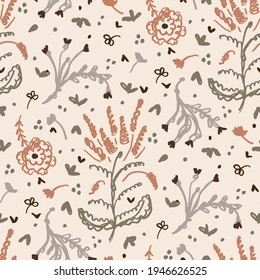Fondo de diseño floral de doodle minimalista sin brillo. Papel pintado de color cálido de color tierra. Diseño sencillo y moderno de una flor escandi unisex. Un bebé neutral de género infantil y orgánico por todas partes. Dibujado a mano.
