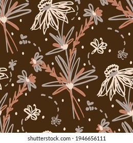 Seamless minimalist doodle floral pattern background. Calm boho earthy tone color wallpaper. Simple modern scandi unisex flower design. Organic childish gender neutral baby all over print. Hand drawn.