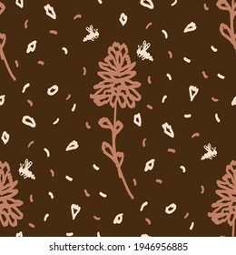 Seamless minimalist doodle floral pattern background. Calm boho earthy tone color wallpaper. Simple modern scandi unisex flower design. Organic childish gender neutral baby all over print. Hand drawn.