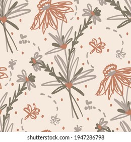 Seamless minimalist doodle floral pattern background. Calm boho earthy tone color wallpaper. Simple modern scandi unisex flower design. Organic childish gender neutral baby all over print. Hand drawn.