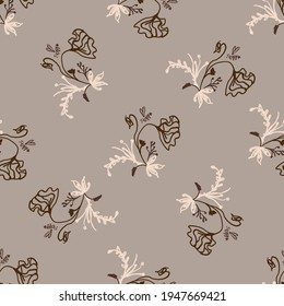 Seamless minimalist doodle floral pattern background. Calm boho earthy tone color wallpaper. Simple modern scandi unisex flower design. Organic childish gender neutral baby all over print. Hand drawn.