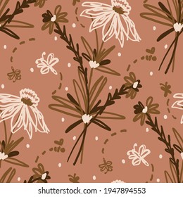 Seamless minimalist doodle floral pattern background. Calm boho earthy tone color wallpaper. Simple modern scandi unisex flower design. Organic childish gender neutral baby all over print. Hand drawn.