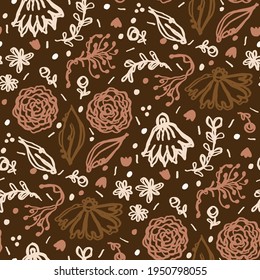 Seamless minimalist doodle floral pattern background. Calm boho earthy tone color wallpaper. Simple modern scandi unisex flower design. Organic childish gender neutral baby all over print. Hand drawn.