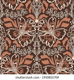 Fondo de diseño floral de doodle minimalista sin brillo. Papel pintado de color cálido de color tierra. Diseño sencillo y moderno de una flor escandi unisex. Un bebé neutral de género infantil y orgánico por todas partes. Dibujado a mano.