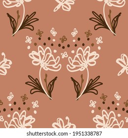 Seamless minimalist doodle floral pattern background. Calm boho earthy tone color wallpaper. Simple modern scandi unisex flower design. Organic childish gender neutral baby all over print. Hand drawn.