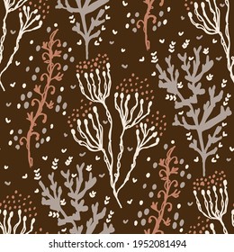 Seamless minimalist doodle floral pattern background. Calm boho earthy tone color wallpaper. Simple modern scandi unisex flower design. Organic childish gender neutral baby all over print. Hand drawn