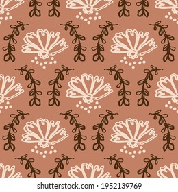 Seamless minimalist doodle floral pattern background. Calm boho earthy tone color wallpaper. Simple modern scandi unisex flower design. Organic childish gender neutral baby all over print. Hand drawn.
