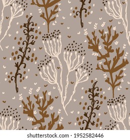 Seamless minimalist doodle floral pattern background. Calm boho earthy tone color wallpaper. Simple modern scandi unisex flower design. Organic childish gender neutral baby all over print. Hand drawn.