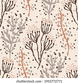 Seamless minimalist doodle floral pattern background. Calm boho earthy tone color wallpaper. Simple modern scandi unisex flower design. Organic childish gender neutral baby all over print. Hand drawn
