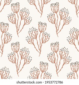 Nahtlose minimalistische Doodle-Blumenhintergrund. Calm boho erdfarbene Tapete. Einfache moderne Skandinavien unisex Blumendesign. Organisches, kindisches, geschlechtsneutrales Baby auf dem ganzen Druck. Handgezeichnet.